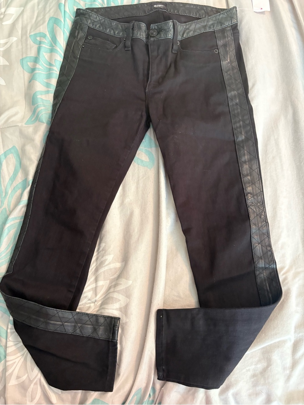 Hudson Jeans Black Skinny Jeans with Quilted Side leather stripes on legs